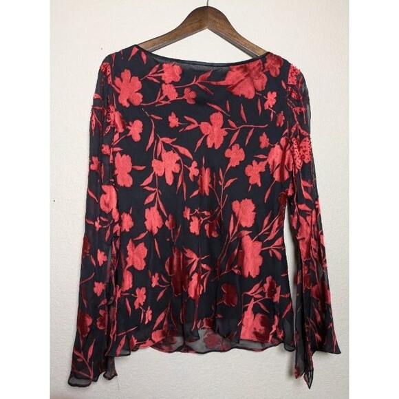 Vintage Red Black Burnout Floral Mesh Top Size Large Whimsigoth Romantic Pappell - Picture 6 of 9